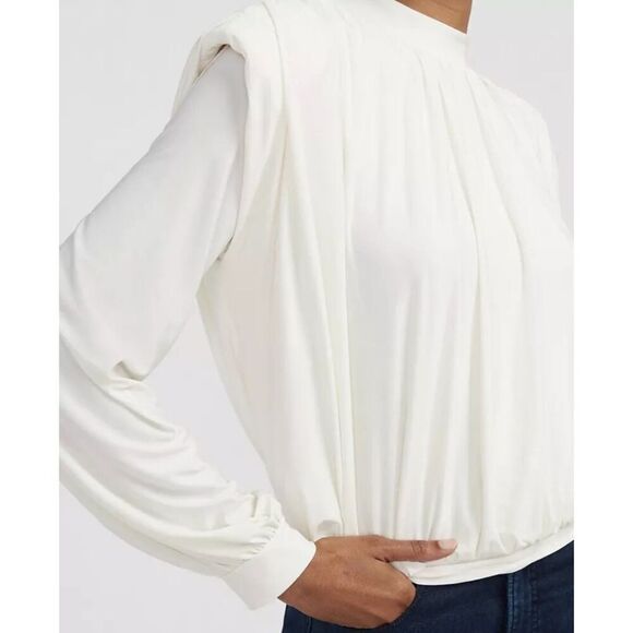 Express Gathered Mock Neck Long Sleeve Top Size Medium Statement Shoulder Cream - Picture 1 of 6